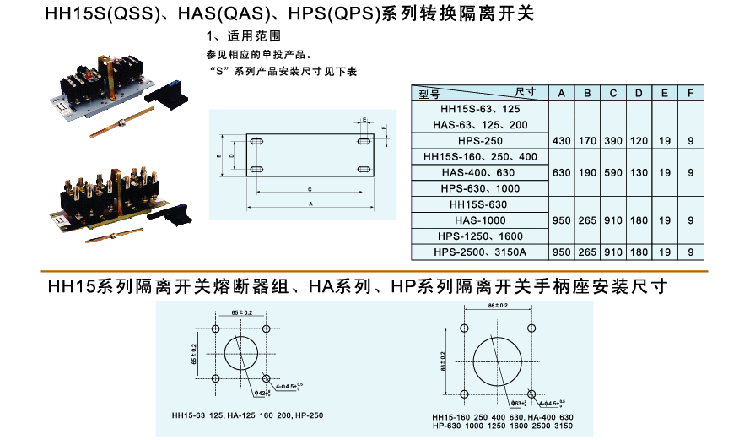 HH15S（QSS）、HAS（QAS）、HPS（QPS）系列轉換隔離開關熔斷器組 